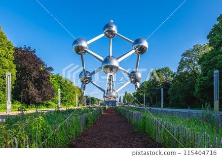 General view of the Atomium, a landmark modernist building located in Brussels, Belgium General view of the Atomium, a landmark modernist building located in Brussels, Belgium 115404716