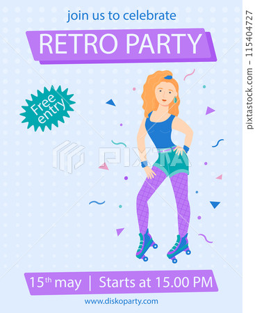 A4 poster with a girl on roller skates in retro style. 90 characters. y2k characters. Fashion of the 90s. Vector illustration. A4 poster with a girl on roller skates in retro style. 90 characters. y2k characters. Fashion of the 90s. Vector illustration. 115404727