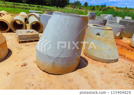 Stack of concrete drainage wells for water discharges in construction site before installing wells 115404829