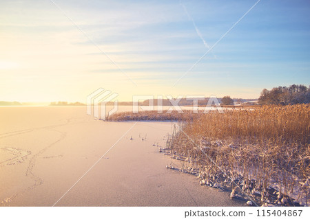 Hemmelsdorfer See in northern Germany at sunrise in winter 115404867