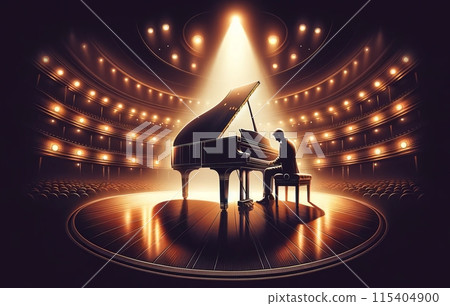 Illustration on the theme, grand piano in the center of the stage 115404900