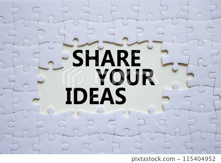 Share your Ideas symbol. Concept words Share your Ideas on white puzzle. Beautiful white background. Business and Share your Ideas concept. Copy space. 115404952
