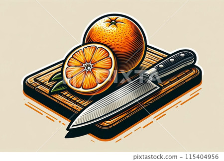 Illustration on the theme, orange on a cutting board sticker Illustration on the theme, orange on a cutting board sticker 115404956