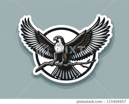 Illustration on the theme, a hawk with open wings sits on a branch sticker Illustration on the theme, a hawk with open wings sits on a branch sticker 115404957