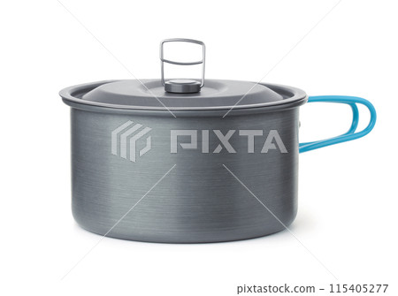 Side view of portable camping cooking pot Side view of portable camping cooking pot 115405277