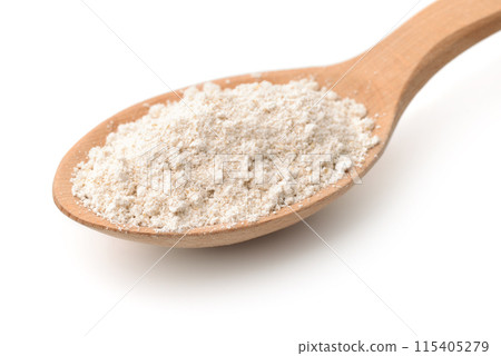Wooden spoon of gluten free oat flour Wooden spoon of gluten free oat flour 115405279