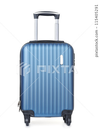 Front view of blue plastic spinner suitcase Front view of blue plastic spinner suitcase 115405291