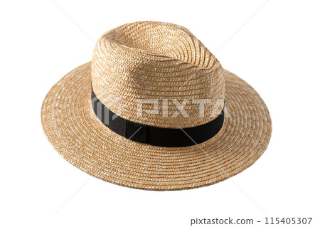 Straw fedora hat isolated. Summer hat with black ribbon. Cap on white background. Straw fedora hat isolated. Summer hat with black ribbon. Cap on white background. 115405307