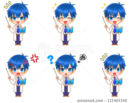 A set of chibi character illustrations of a boy in a white coat holding a pointer and explaining A set of chibi character illustrations of a boy in a white coat holding a pointer and explaining 115405348