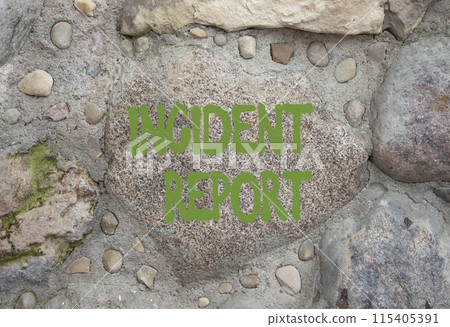 Incident Report symbol. Stone wall Incident Report on wooden blocks. Beautiful stone background. Business and Incident Report concept. Copy space 115405391