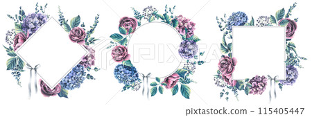 Hydrangea flowers, roses and decorative leaves, berries, eucalyptus twigs. Watercolor illustration. Set rhombus, circle, square frames from the WEDDING FLOWERS collection. 115405447