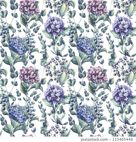 Hydrangea flowers of blue, lilac and pink flowers with eucalyptus branches on a white background. Watercolor illustration. Seamless pattern from the WEDDING FLOWERS collection. For decoration design. 115405449