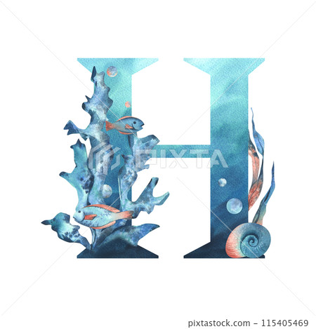 Capital letter H, part of the Latin alphabet decorated in a wet theme with corals, shells, algae, bubbles, blue and coral colors. Hand drawn watercolor illustration. Element isolated from background. 115405469
