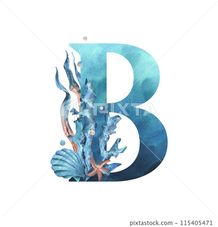 Capital letter B, part of the Latin alphabet decorated in a wet theme with corals, shells, algae, bubbles, blue and coral colors. Hand drawn watercolor illustration. Element isolated from background. 115405471