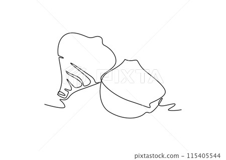 Continuous one line drawing whole and sliced healthy organic jicama for orchard logo identity. Fresh turnip vegetable concept for vegan farm icon. Single line draw design vector graphic illustration Continuous one line drawing whole and sliced healthy organic jicama for orchard logo identity. Fresh turnip vegetable concept for vegan farm icon. Single line draw design vector graphic illustration 115405544