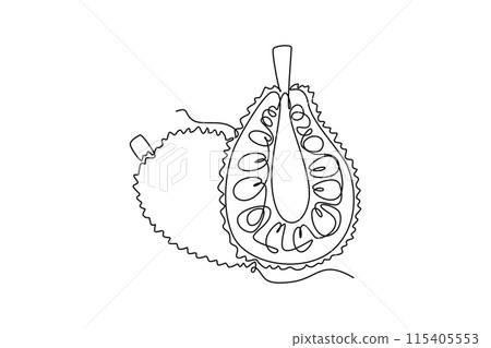 Continuous one line drawing whole and peeled healthy organic jackfruit for orchard logo identity. Fresh exotic fruitage concept fruit garden icon. Single line draw design vector graphic illustration Continuous one line drawing whole and peeled healthy organic jackfruit for orchard logo identity. Fresh exotic fruitage concept fruit garden icon. Single line draw design vector graphic illustration 115405553