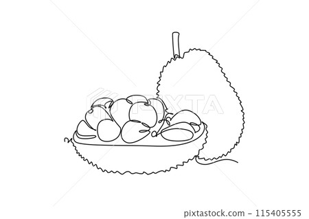 Continuous one line drawing whole and peeled healthy organic jackfruit for orchard logo identity. Fresh exotic fruitage concept fruit garden icon. Single line draw design vector graphic illustration 115405555