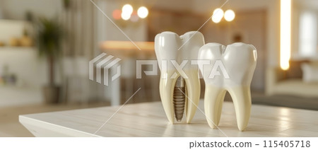 Two model teeth on a table, one with a dental implant, in a bright room 115405718
