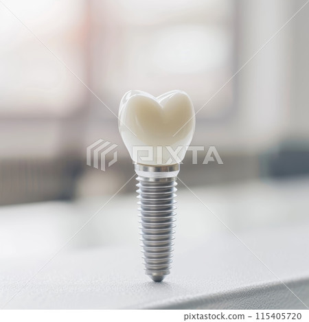 Close-up of a dental implant with a heart-shaped crown on a blurred background 115405720