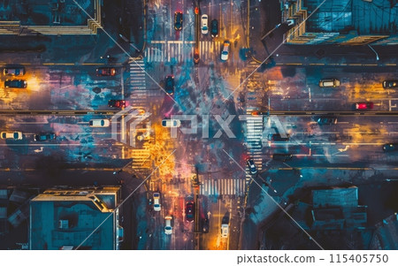 Aerial view of a busy intersection with diverse vehicles and colorful street markings at dusk 115405750