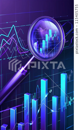Vibrant stock market graphics with magnifying glass highlighting financial growth 115405755