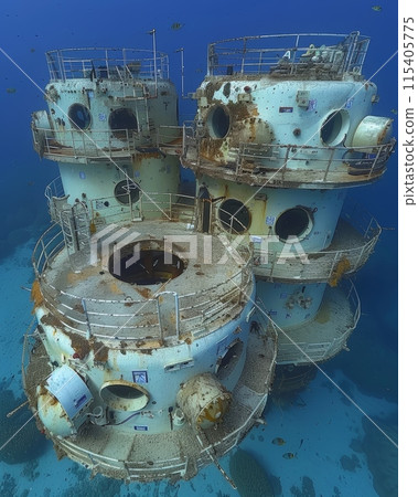 Underwater photo of a dilapidated multi-level structure with rust and marine growth 115405775