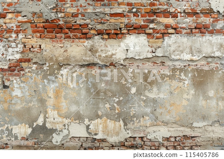 Weathered brick wall with peeling plaster, showing varied textures and layers of decay 115405786