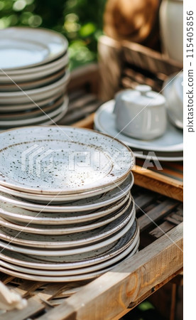Stacked speckled plates and cups on a wooden cart in sunlight, showcasing outdoor catering or picnic setting Stacked speckled plates and cups on a wooden cart in sunlight, showcasing outdoor catering or picnic setting 115405856