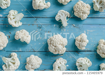 Cauliflower pieces on a blue rustic wooden background Cauliflower pieces on a blue rustic wooden background 115405979