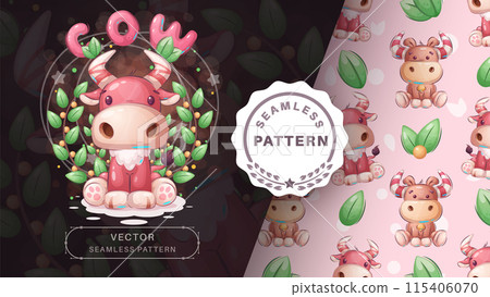 Seamless pattern cartoon character adorable cow, pretty animal idea for print t-shirt, poster and kids envelope, postcard. Cute hand drawn style ox Seamless pattern cartoon character adorable cow, pretty animal idea for print t-shirt, poster and kids envelope, postcard. Cute hand drawn style ox 115406070