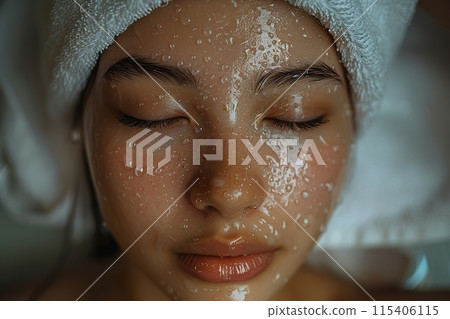 Close Up Portrait of Woman with Water Droplets 115406115