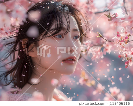 Woman Surrounded by Blooming Pink Flower 115406116
