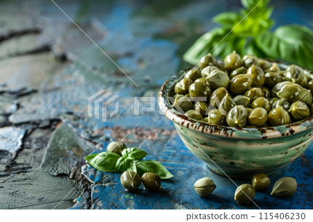 Capers in a bowl with basil leaves 115406230