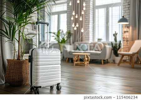 White suitcase in a modern living room with plants and stylish furniture 115406234