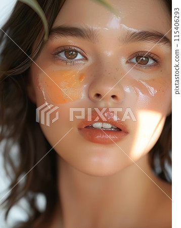 Close up of Freckled Woman with Dewy Skin 115406293