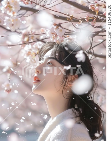 Elegant Woman Among Blooming Cherry Blossoms 115406320