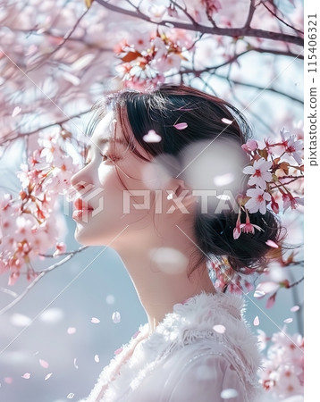 Elegant Woman Among Blooming Cherry Blossoms 115406321