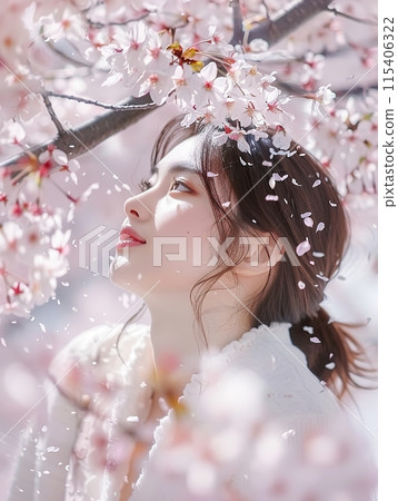 Elegant Woman Among Blooming Cherry Blossoms 115406322