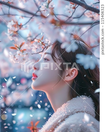 Elegant Woman Among Blooming Cherry Blossoms 115406323