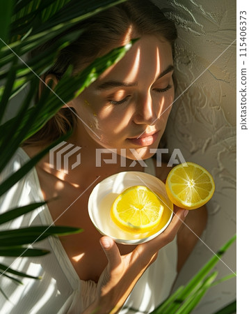 Women with Citrus Fruit in Skincare Rituals 115406373