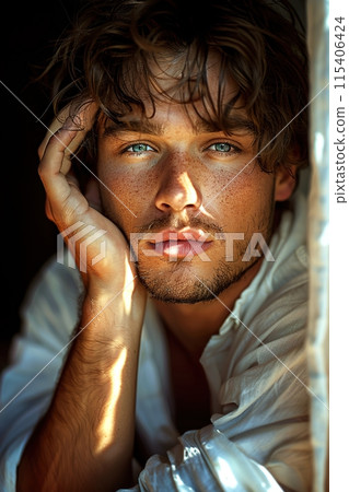 Young Man with Intense Gaze in Sunlit Room 115406424