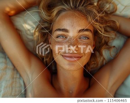 Freckled Women Smiling in Cozy Indoor Settings 115406465