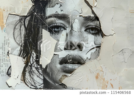 Abstract torn paper collage portrait of a woman, blending art and decay in black and white tones 115406568