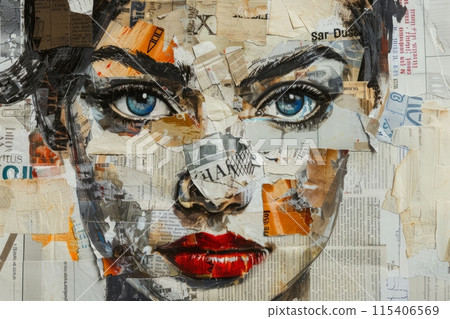 Vibrant mixed media collage of a woman with striking blue eyes and red lips 115406569