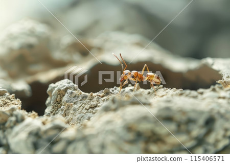 Close-up of a solitary ant on rocky terrain 115406571
