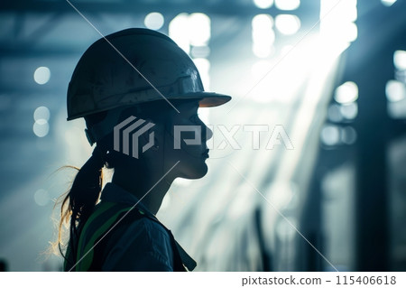 Female construction worker in a helmet inside an industrial warehouse, with light streaming in 115406618
