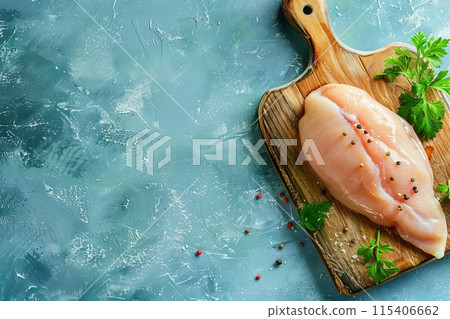 Chicken breast fillet on a cutting board Chicken breast fillet on a cutting board 115406662