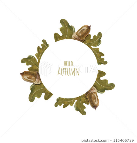 Watercolor wreath with acorns and leaves. Watercolor wreath with acorns and leaves. 115406759
