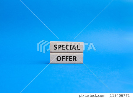 Special offer symbol. Concept word Special offer on wooden blocks. Beautiful blue background. Business and Special offer concept. Copy space 115406771