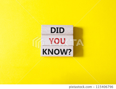 Did you know symbol. Wooden blocks with words Did you know. Beautiful yellow background. Business and Did you know concept. Copy space. 115406796